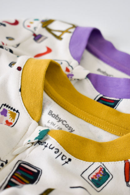 Set 2 salopetele cu maneca lunga si pantaloni lungi cu fermoar - 100%bumbac organic - Galben si Mov, BabyCosy