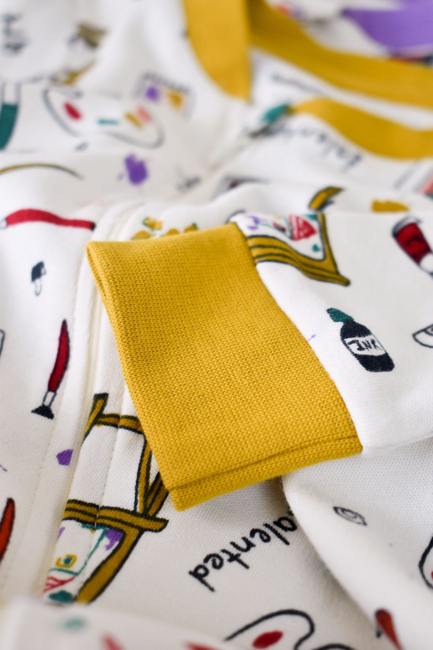 Set 2 salopetele cu maneca lunga si pantaloni lungi cu fermoar - 100%bumbac organic - Galben si Mov, BabyCosy