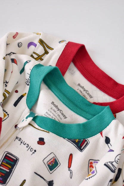 Set 2 salopetele cu maneca lunga si pantaloni lungi cu fermoar - 100%bumbac organic - Rosu si Verde, BabyCosy