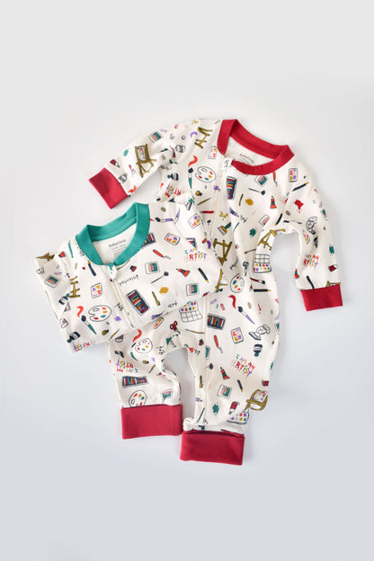 Set 2 salopetele cu maneca lunga si pantaloni lungi cu fermoar - 100%bumbac organic - Rosu si Verde, BabyCosy