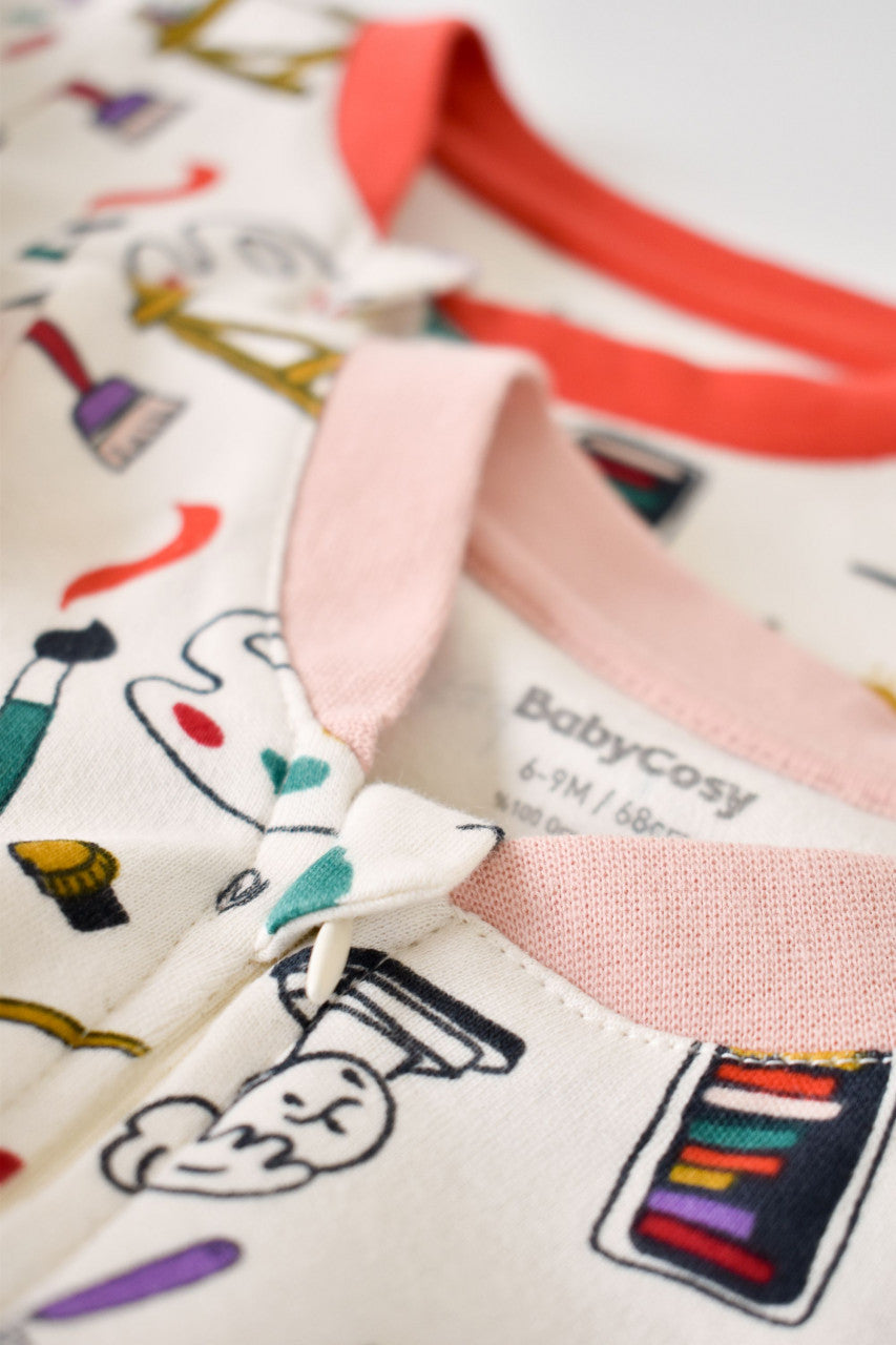 Set 2 salopetele cu maneca lunga si pantaloni lungi cu fermoar - 100%bumbac organic - Portocaliu si Pudra, BabyCosy