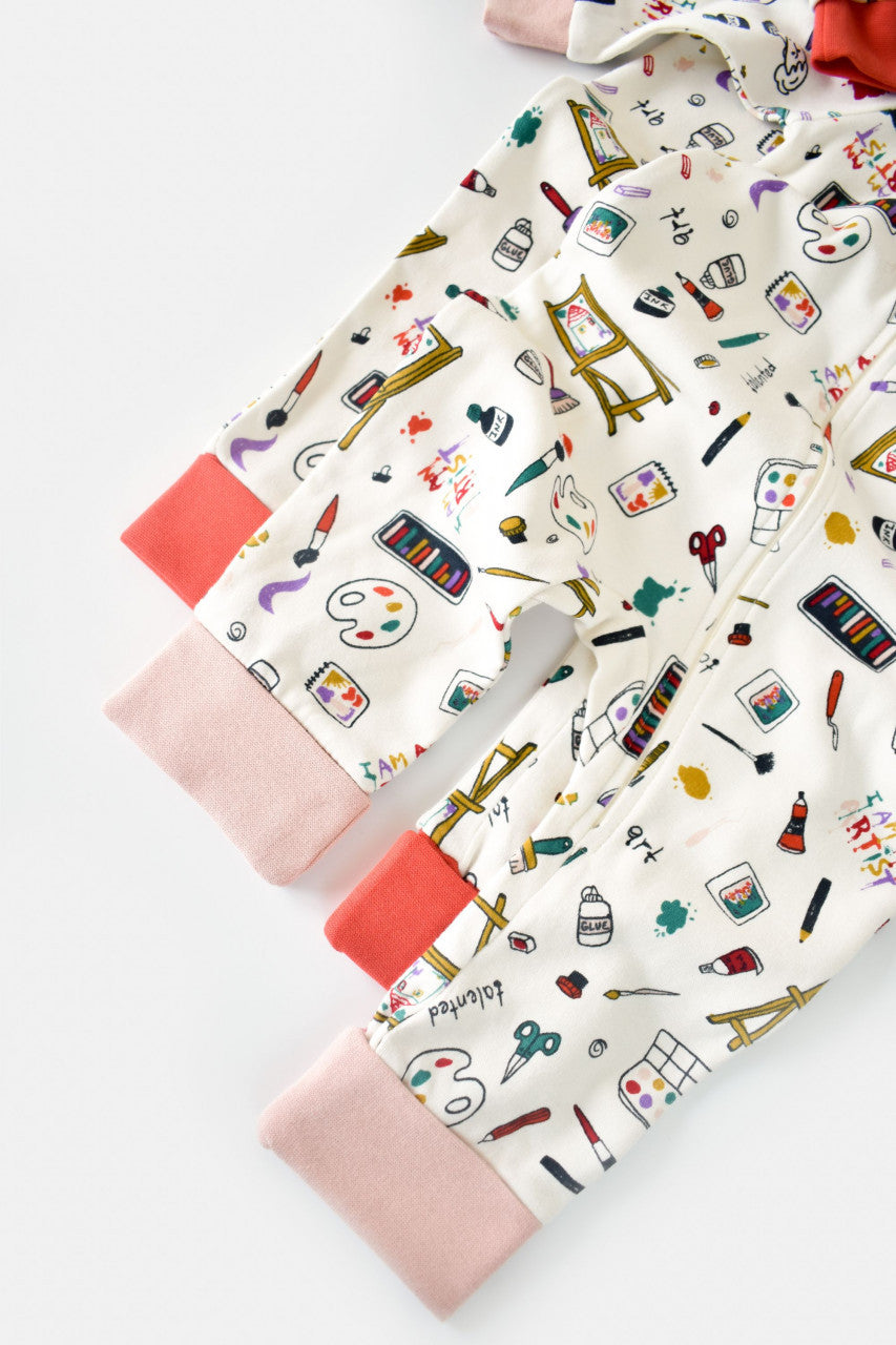 Set 2 salopetele cu maneca lunga si pantaloni lungi cu fermoar - 100%bumbac organic - Portocaliu si Pudra, BabyCosy