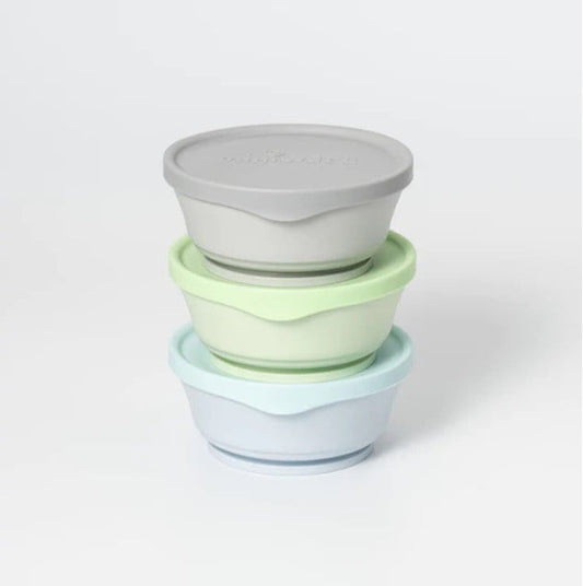 Set 3 boluri cu capac hrana bebelusi Miniware, 100% din materiale naturale biodegradabile, Aqua+Grey+Keylime -