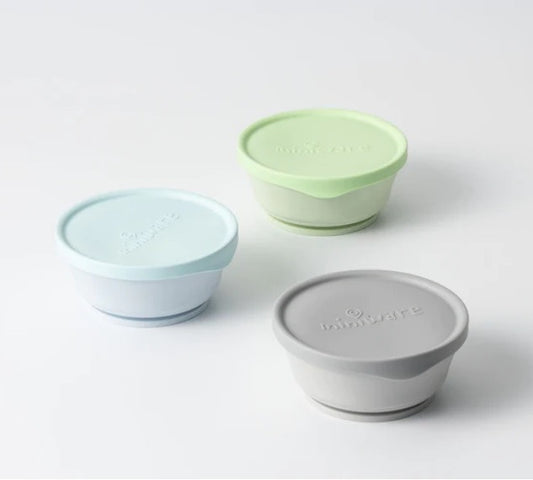 Set 3 boluri cu capac hrana bebelusi Miniware, 100% din materiale naturale biodegradabile, Aqua+Grey+Keylime -