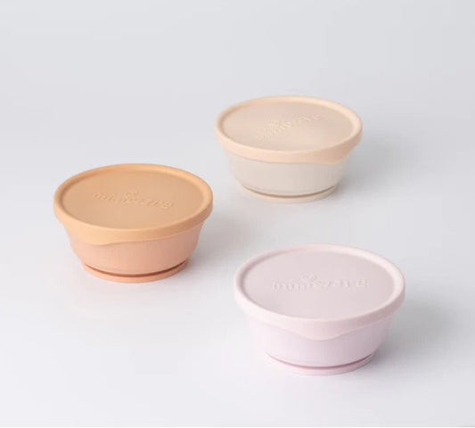 Set 3 boluri cu capac hrana bebelusi Miniware, 100% din materiale naturale biodegradabile, Cotton Candy+Toffee+Vanilla -