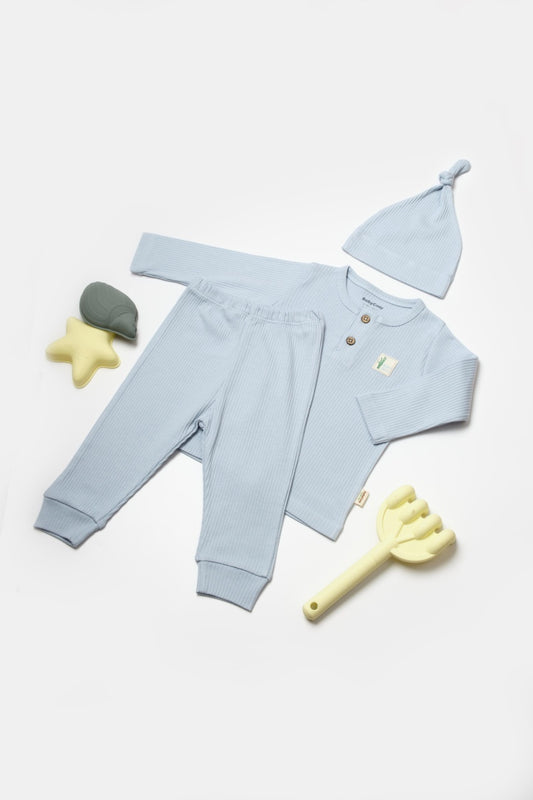 Set 3 piese:bluza, pantaloni si caciulita Bamboo, bleu, BabyCosy, 50% bumbac+50%bambus - Bluza, Caciula, Pantaloni