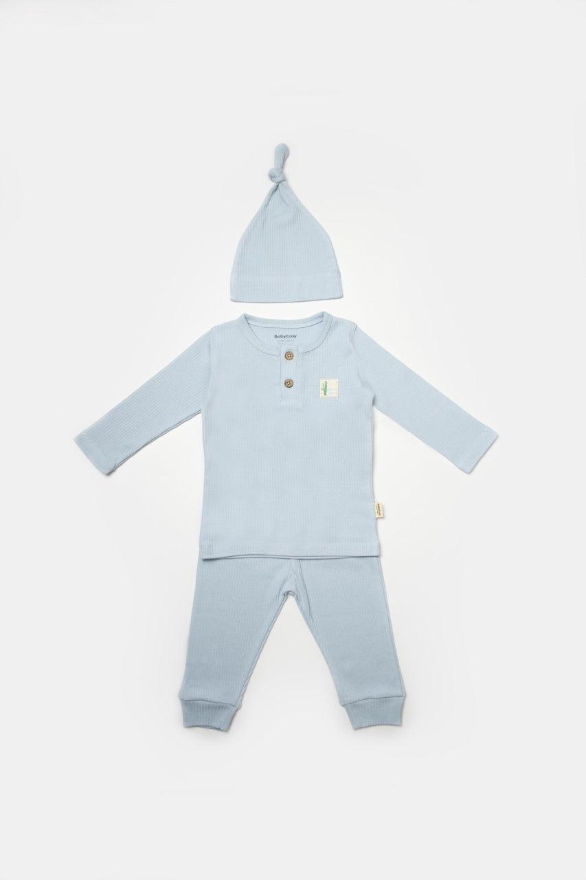 Set 3 piese:bluza, pantaloni si caciulita Bamboo, bleu, BabyCosy, 50% bumbac+50%bambus