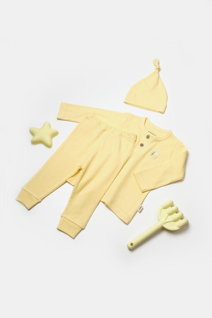 Set 3 piese:bluza, pantaloni si caciulita Bamboo, galben, BabyCosy, 50% bumbac+50%bambus