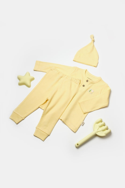 Set 3 piese:bluza, pantaloni si caciulita Bamboo, galben, BabyCosy, 50% bumbac+50%bambus - Bluza, Caciula, Pantaloni