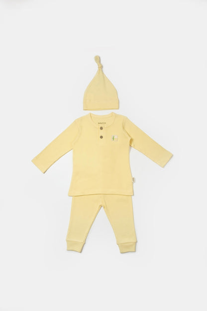 Set 3 piese:bluza, pantaloni si caciulita Bamboo, galben, BabyCosy, 50% bumbac+50%bambus