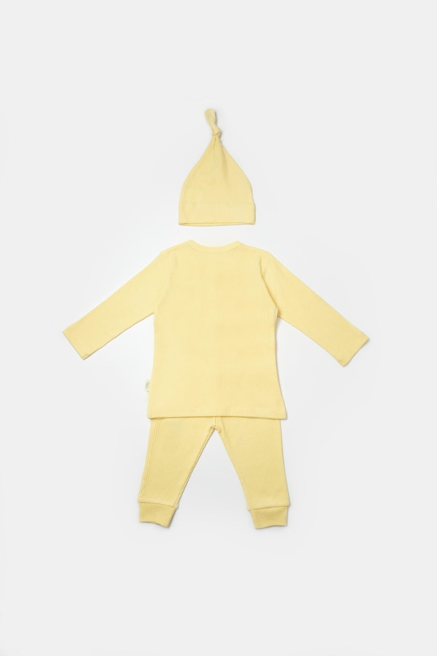 Set 3 piese:bluza, pantaloni si caciulita Bamboo, galben, BabyCosy, 50% bumbac+50%bambus