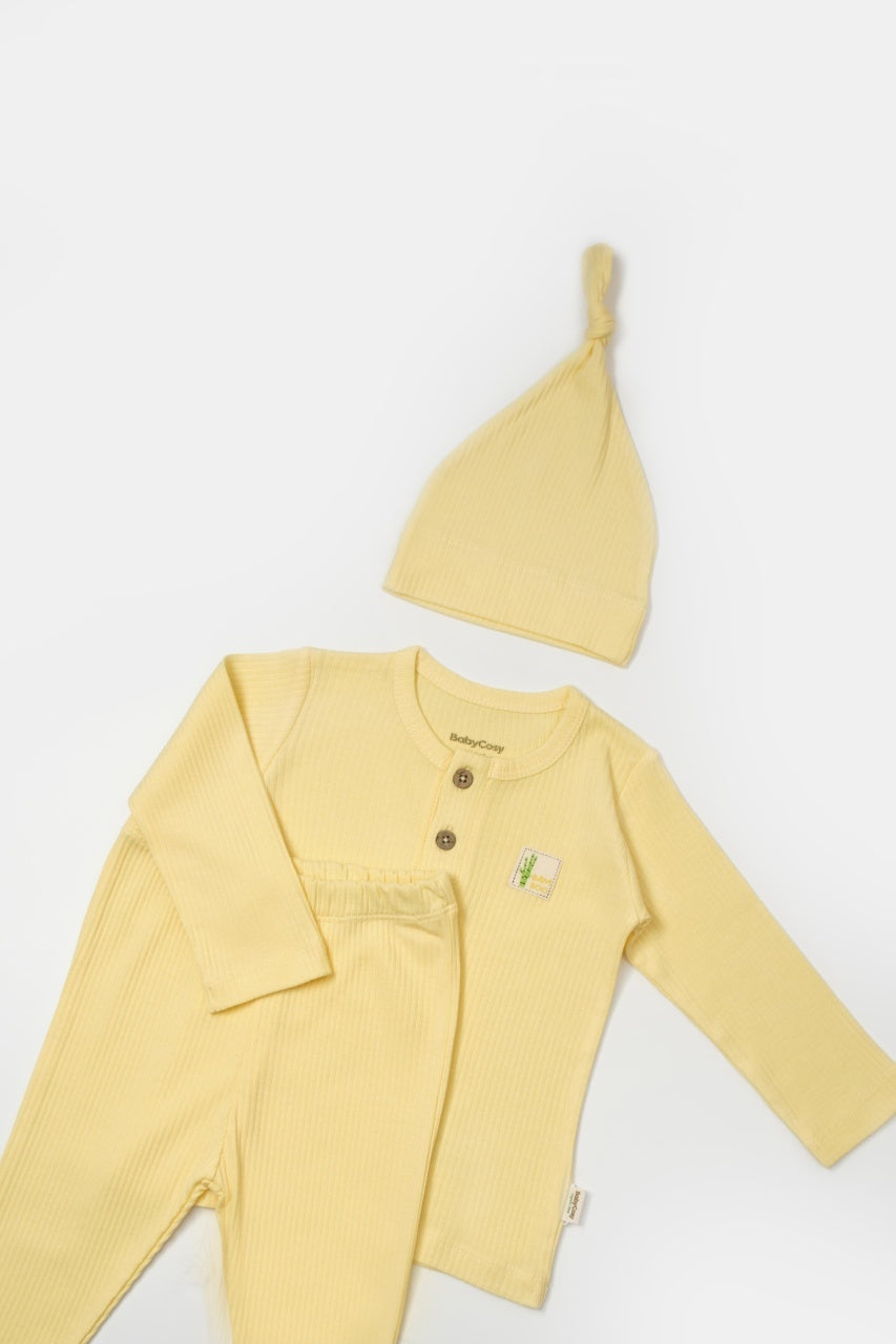 Set 3 piese:bluza, pantaloni si caciulita Bamboo, galben, BabyCosy, 50% bumbac+50%bambus