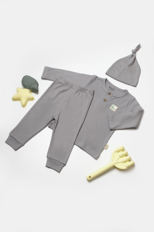 Set 3 piese:bluza, pantaloni si caciulita Bamboo, gri, BabyCosy, 50% bumbac+50%bambus - Bluza, Caciula, Pantaloni