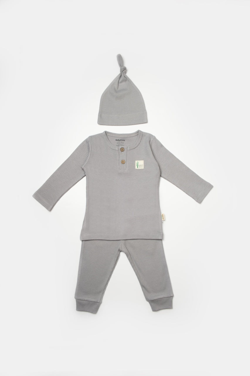 Set 3 piese:bluza, pantaloni si caciulita Bamboo, gri, BabyCosy, 50% bumbac+50%bambus