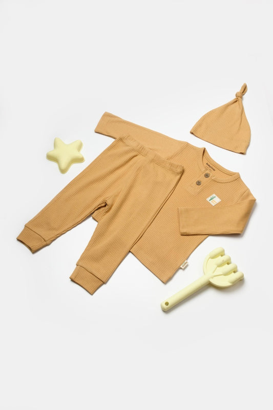 Set 3 piese:bluza, pantaloni si caciulita Bamboo, maro, BabyCosy, 50% bumbac+50%bambus - Bluza, Caciula, Pantaloni