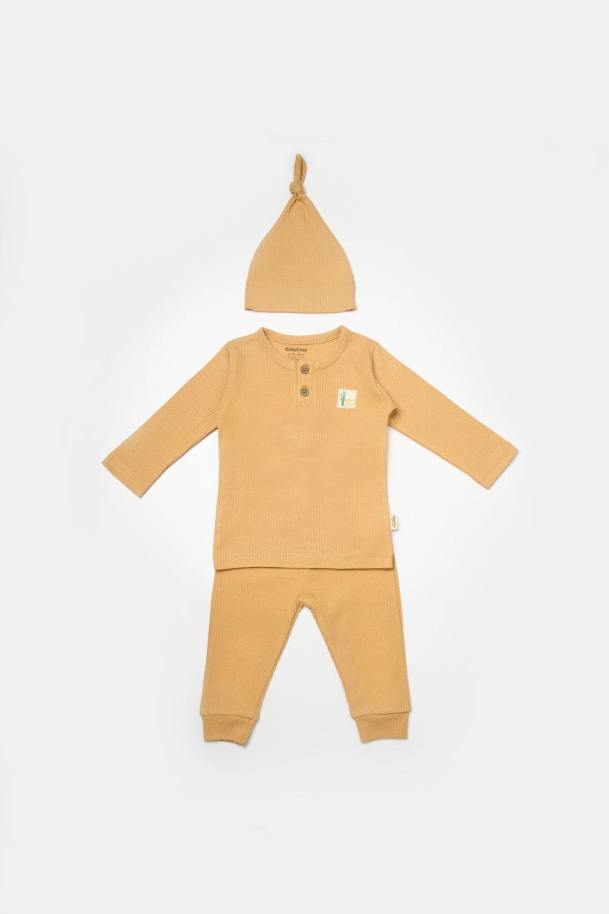 Set 3 piese:bluza, pantaloni si caciulita Bamboo, maro, BabyCosy, 50% bumbac+50%bambus