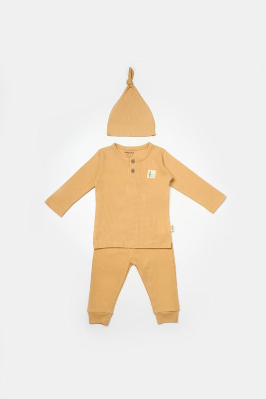 Set 3 piese:bluza, pantaloni si caciulita Bamboo, maro, BabyCosy, 50% bumbac+50%bambus - Bluza, Caciula, Pantaloni