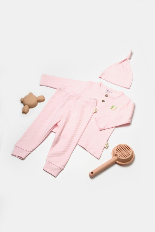Set 3 piese:bluza, pantaloni si caciulita Bamboo, roz, BabyCosy, 50% bumbac+50%bambus - Bluza, Caciula, Pantaloni