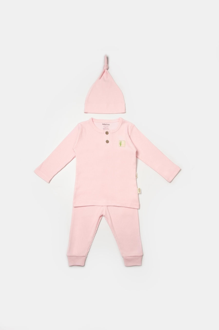 Set 3 piese:bluza, pantaloni si caciulita Bamboo, roz, BabyCosy, 50% bumbac+50%bambus