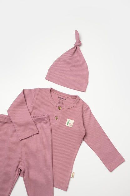 Set 3 piese:bluza, pantaloni si caciulita Bamboo, roz inchis, BabyCosy, 50% bumbac+50%bambus