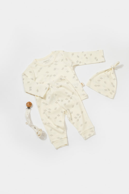 Set 3 piese:bluza, pantaloni si caciulita Printed, BabyCosy, 50% modal+50% bumbac, Ecru - Bluza, Pantaloni