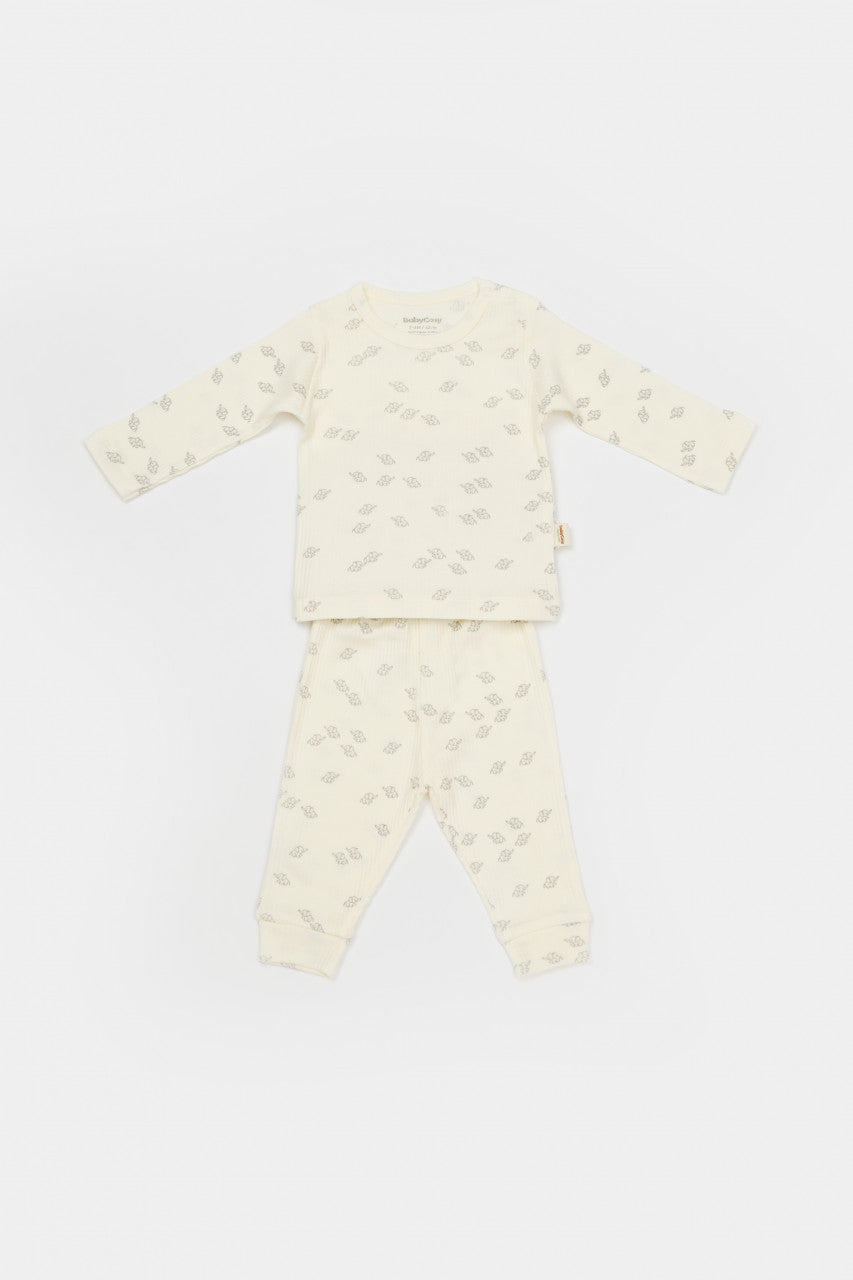 Set 3 piese:bluza, pantaloni si caciulita Printed, BabyCosy, 50% modal+50% bumbac, Ecru