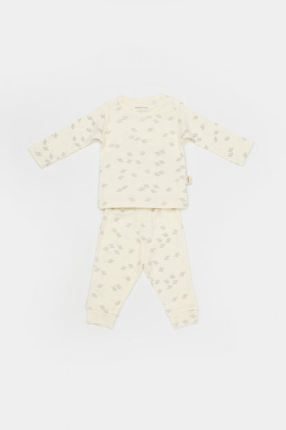 Set 3 piese:bluza, pantaloni si caciulita Printed, BabyCosy, 50% modal+50% bumbac, Ecru