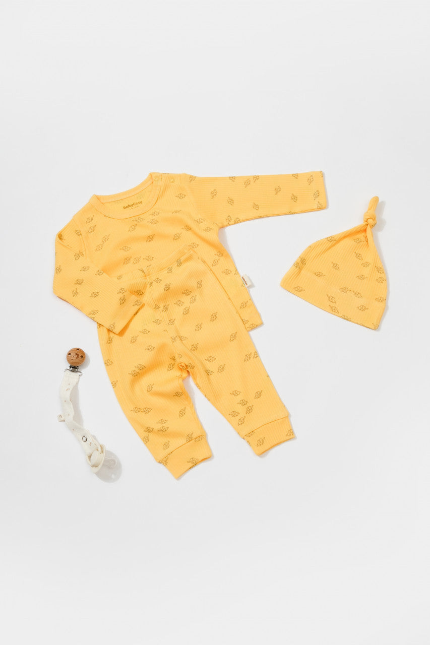 Set 3 piese:bluza, pantaloni si caciulita Printed, BabyCosy, 50% modal+50% bumbac, Lamaie