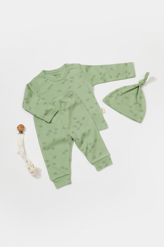 Set 3 piese:bluza, pantaloni si caciulita Printed, BabyCosy, 50% modal+50% bumbac, Verde - Bluza, Pantaloni