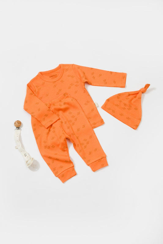 Set 3 piese:bluza, pantaloni si caciulita Printed, BabyCosy, 50% modal+50% bumbac, Apricot - Bluza, Pantaloni
