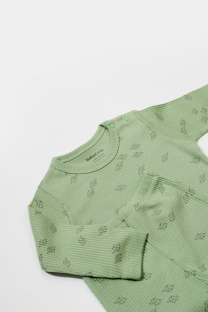 Set 3 piese:bluza, pantaloni si caciulita Printed, BabyCosy, 50% modal+50% bumbac, Verde