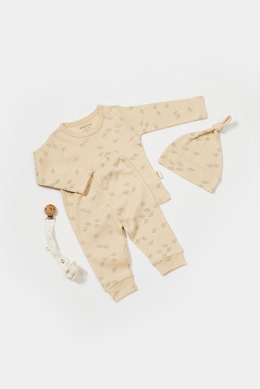 Set 3 piese:bluza, pantaloni si caciulita Printed, BabyCosy, 50% modal+50% bumbac, Stone - Bluza, Pantaloni