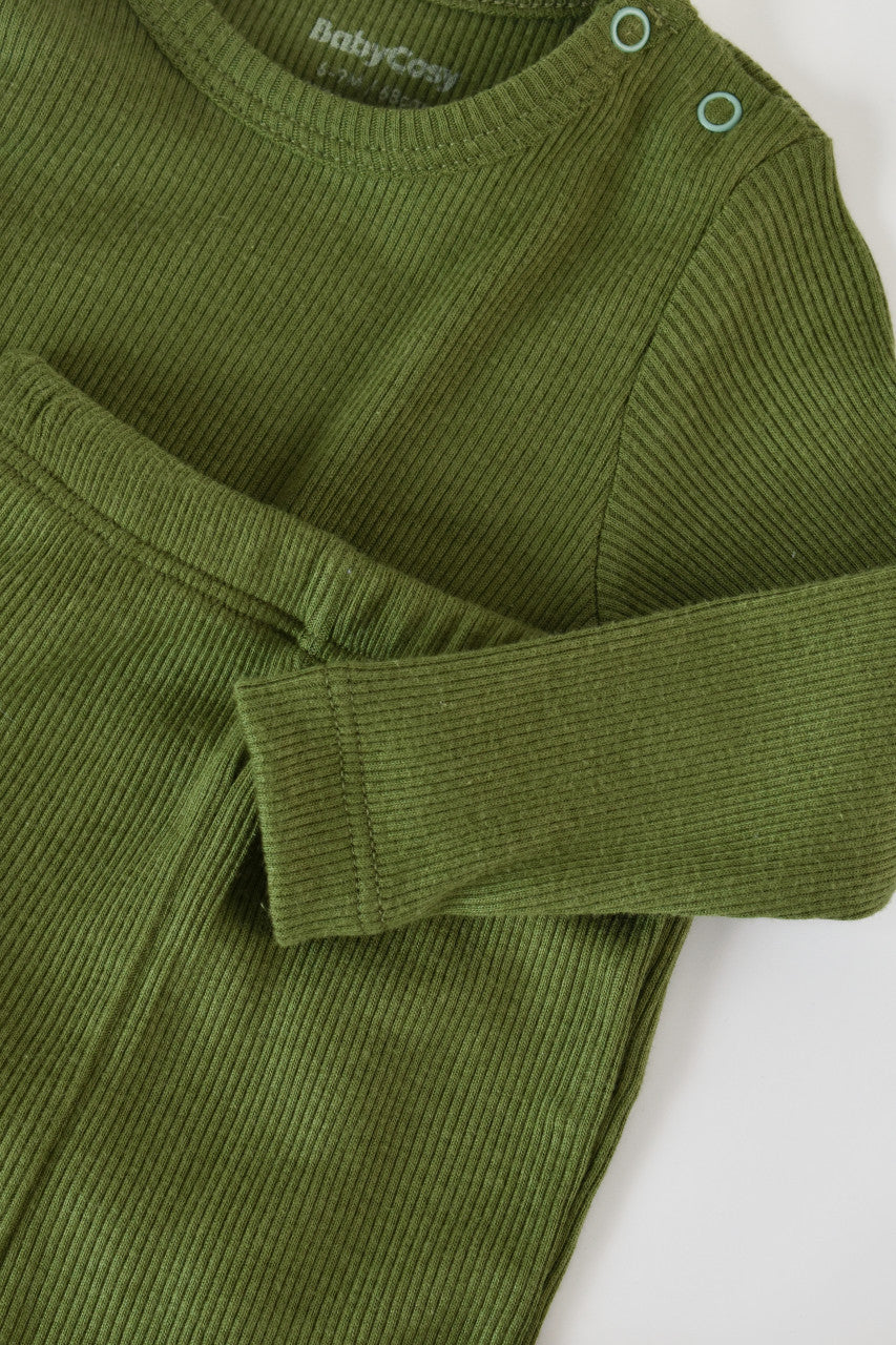 Set 3 piese: bluzita cu maneca lunga, pantaloni lungi si caciulita din bumbac organic si modal - Verde, BabyCosy