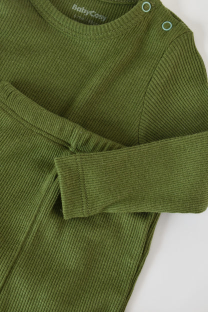 Set 3 piese: bluzita cu maneca lunga, pantaloni lungi si caciulita din bumbac organic si modal - Verde, BabyCosy