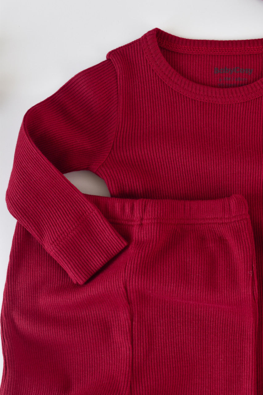 Set 3 piese: body cu maneca lunga, pantaloni lungi si caciulita din bumbac organic si modal - Rosu, BabyCosy