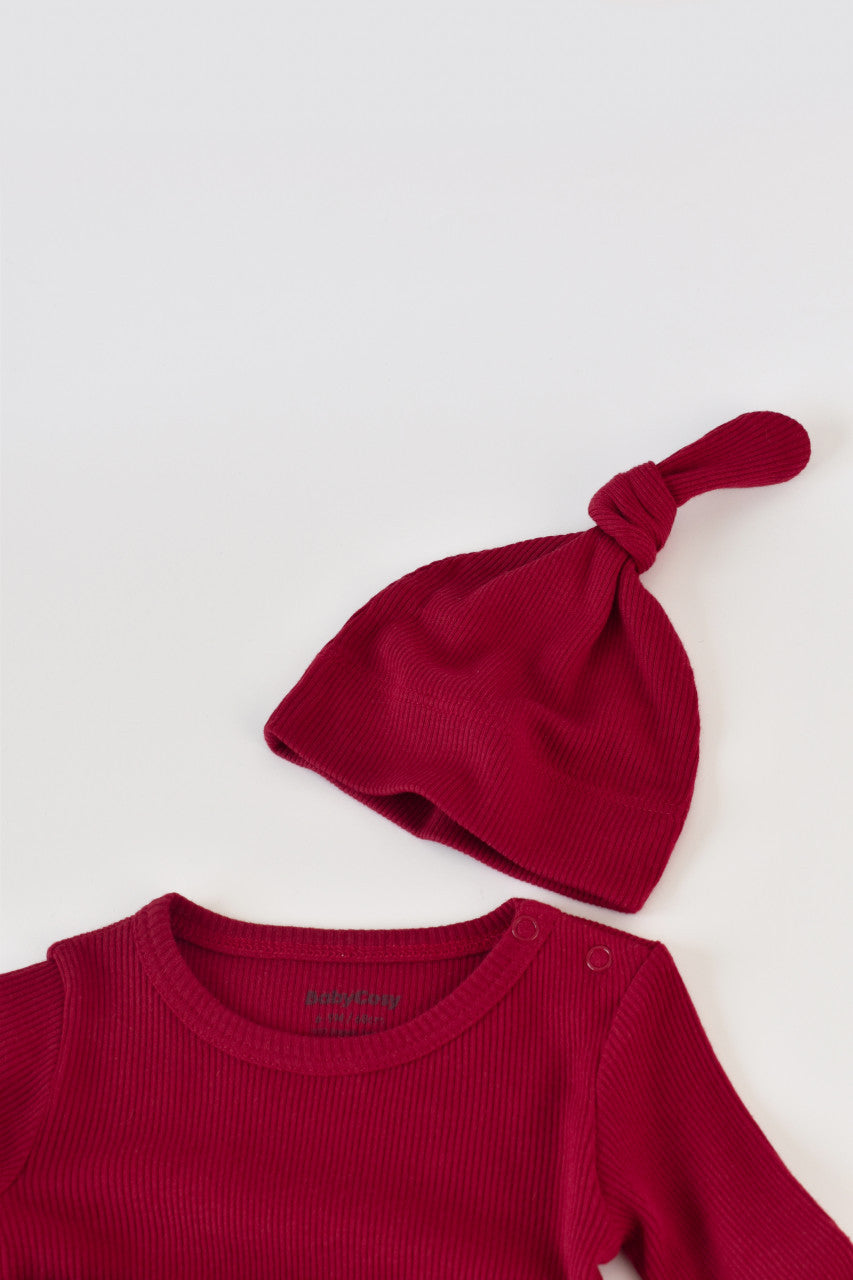 Set 3 piese: body cu maneca lunga, pantaloni lungi si caciulita din bumbac organic si modal - Rosu, BabyCosy