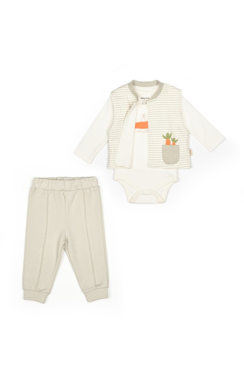 Set 3 piese: body, pantalon si vesta Rabbit, 100% bumbac organic, BabyCosy
