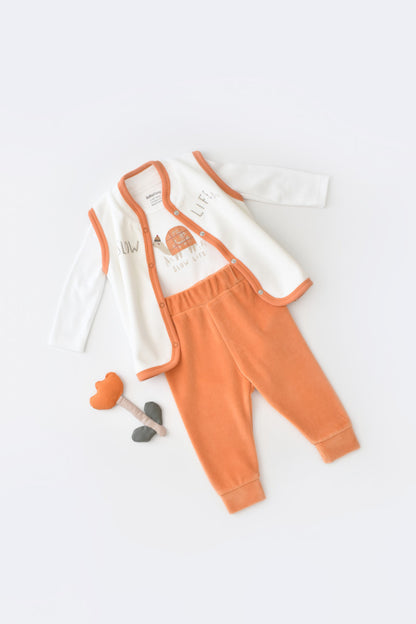 Set 3 piese Broscuta cu body, pantalonasi si vestuta din 80%bumbac organic si 20% poliester - Portocaliu, BabyCosy