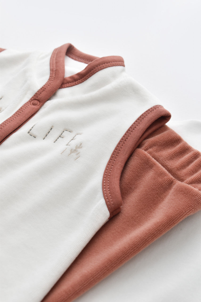 Set 3 piese Broscuta cu body, pantalonasi si vestuta din 80%bumbac organic si 20% poliester - Caramiziu, BabyCosy
