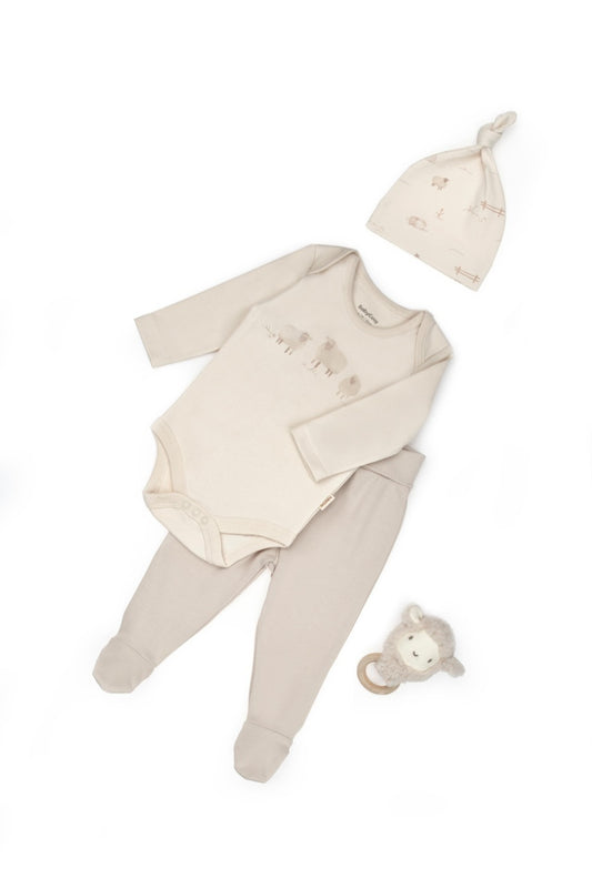 Set 3 piese nou nascut, Lamb, BabyCosy, 100%bumbac organic - Bluza, Caciula, Pantaloni