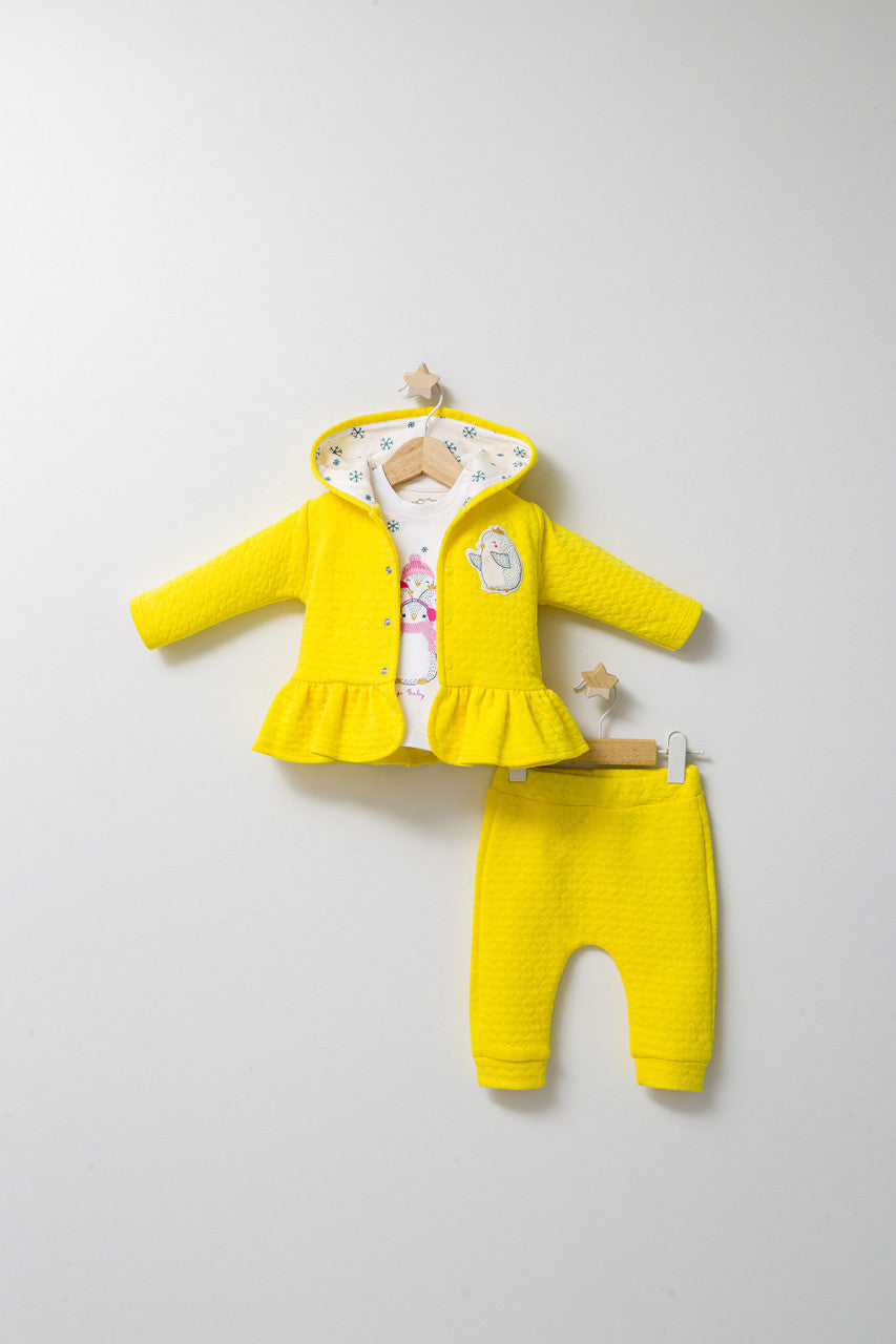 Set 3 piese: pantaloni, bluzita si hainuta cu gluga eleganta pentru bebelusi Crazy Penguins, Tongs baby