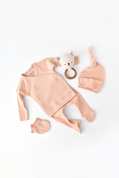 Set 4 piese: bluza, pantaloni, caciulita si manusi din bumbac organic si modal - Piersica, BabyCosy