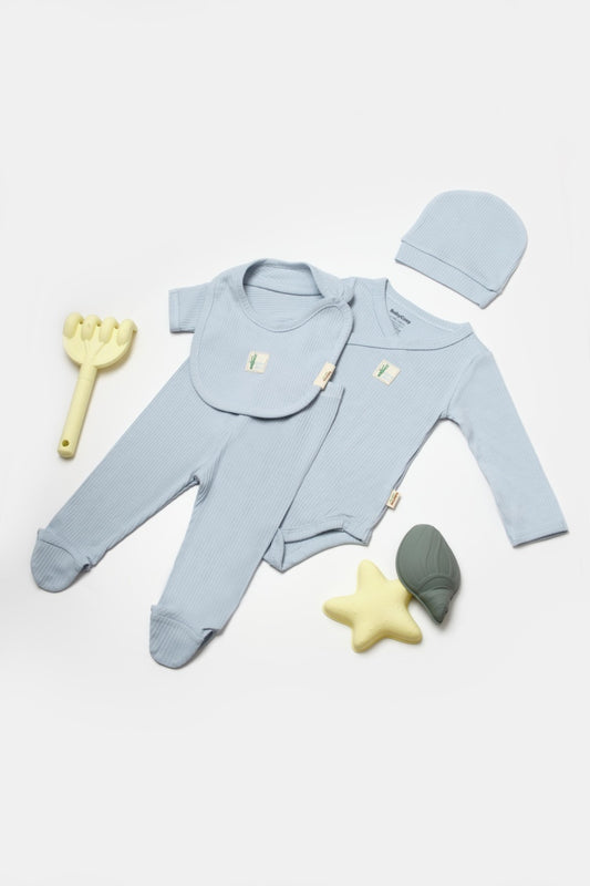 Set 4 piese:body, pantaloni, baveta si caciulita Bamboo, bleu, BabyCosy, 50% bumbac+50%bambus - Baveta, Bluza, Caciula, Pantaloni