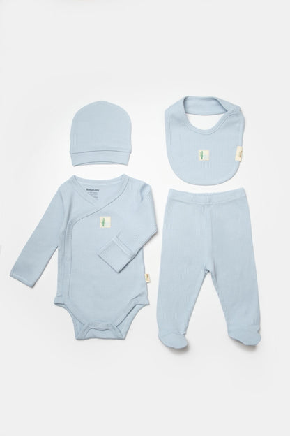 Set 4 piese:body, pantaloni, baveta si caciulita Bamboo, bleu, BabyCosy, 50% bumbac+50%bambus