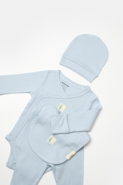 Set 4 piese:body, pantaloni, baveta si caciulita Bamboo, bleu, BabyCosy, 50% bumbac+50%bambus