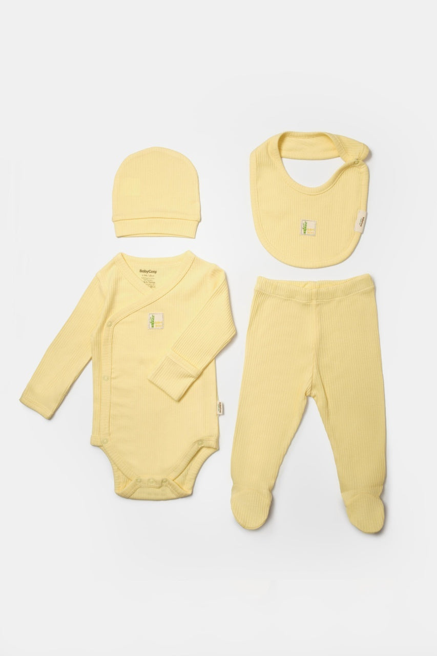 Set 4 piese:body, pantaloni, baveta si caciulita Bamboo, galben, BabyCosy, 50% bumbac+50%bambus
