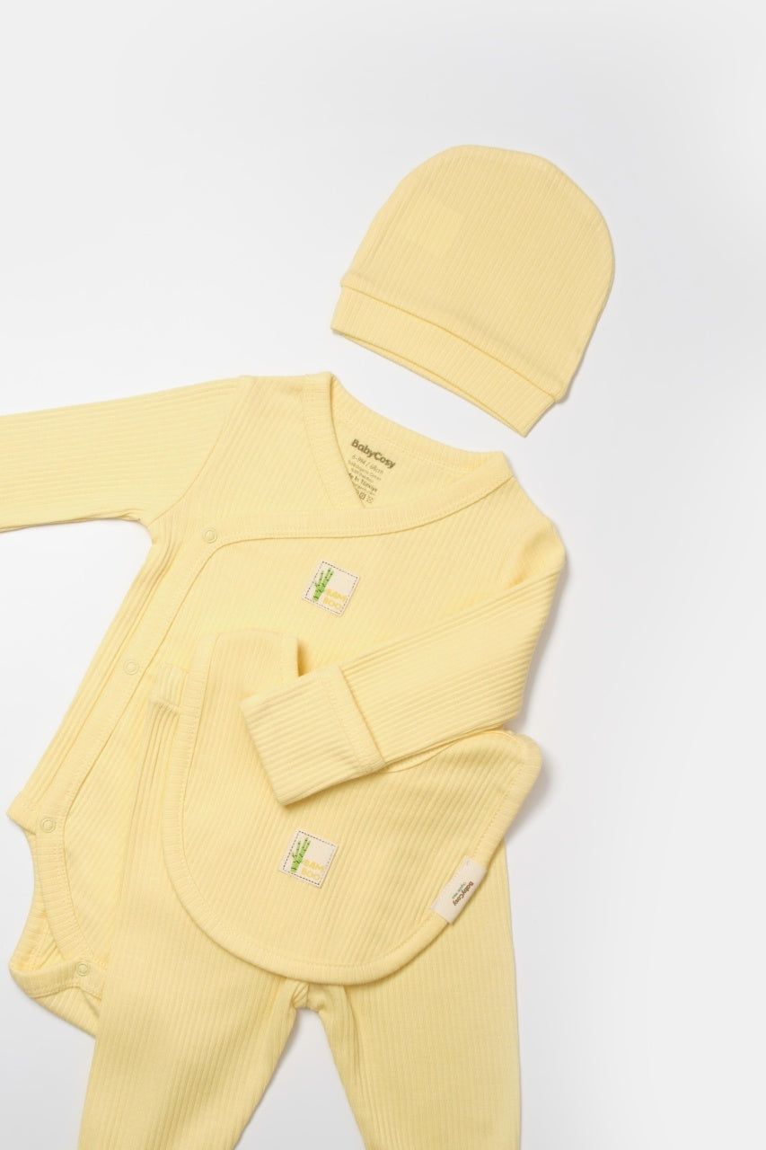 Set 4 piese:body, pantaloni, baveta si caciulita Bamboo, galben, BabyCosy, 50% bumbac+50%bambus