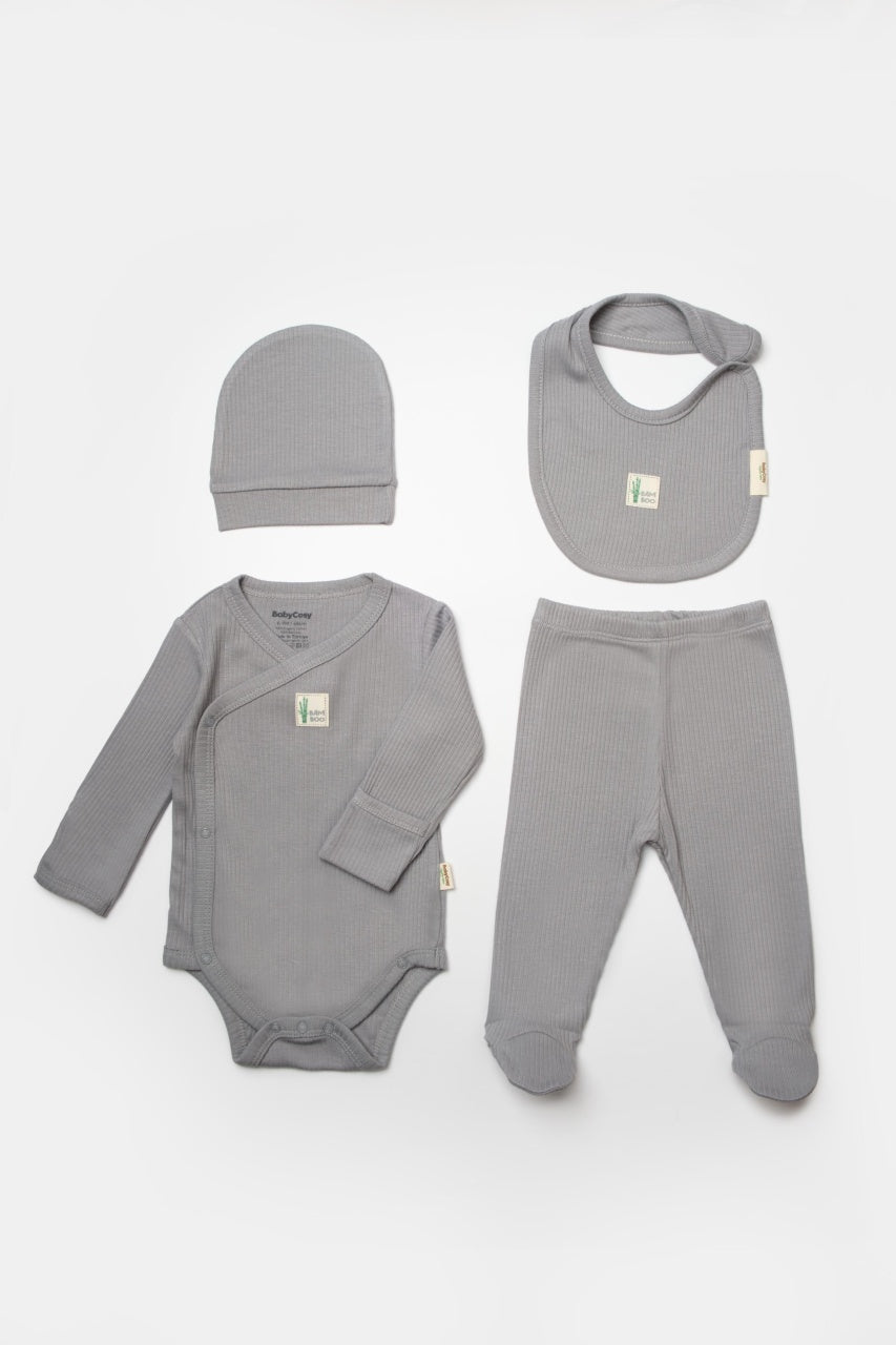 Set 4 piese:body, pantaloni, baveta si caciulita Bamboo, gri, BabyCosy, 50% bumbac+50%bambus