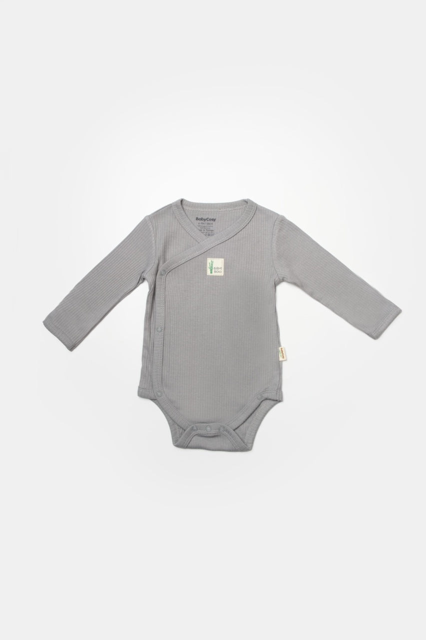Set 4 piese:body, pantaloni, baveta si caciulita Bamboo, gri, BabyCosy, 50% bumbac+50%bambus