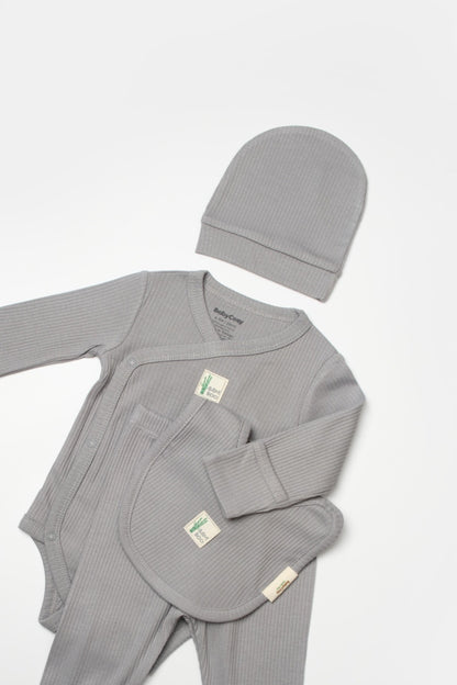 Set 4 piese:body, pantaloni, baveta si caciulita Bamboo, gri, BabyCosy, 50% bumbac+50%bambus
